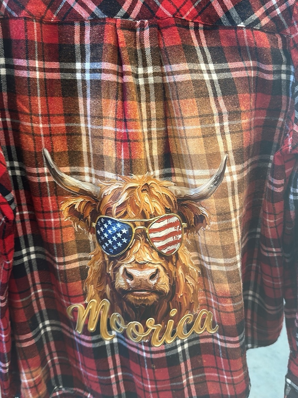 Plaid Flannel Bleached Custom Shirt with Patriotic Cow Graphic